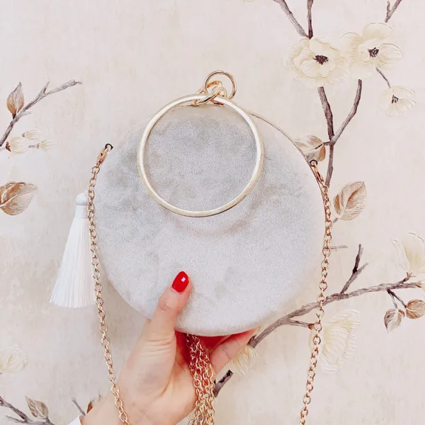 Fashion Beige Round Clutch Bags 2020 Metal Beading Pearl 3D Lace Tassel