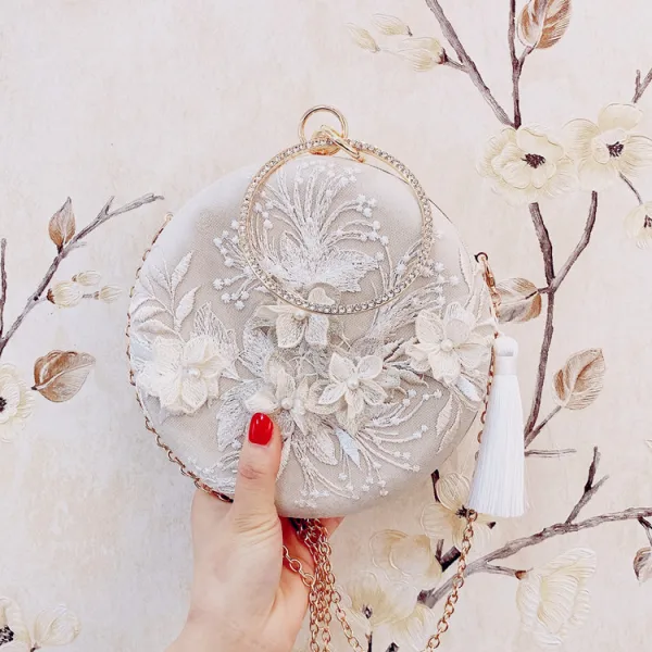 Fashion Beige Round Clutch Bags 2020 Metal Beading Pearl 3D Lace Tassel