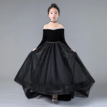 Chic Beautiful Black Birthday Flower Girl Dresses 2020 A Line Princess Off The Shoulder Long Sleeve Backless Pearl Sweep Train Ruffle
