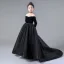 Schöne Schwarz Geburtstag Blumenmädchenkleider 2020 A Linie Off Shoulder Lange Ärmel Rückenfreies Perle Sweep / Pinsel Zug Rüschen