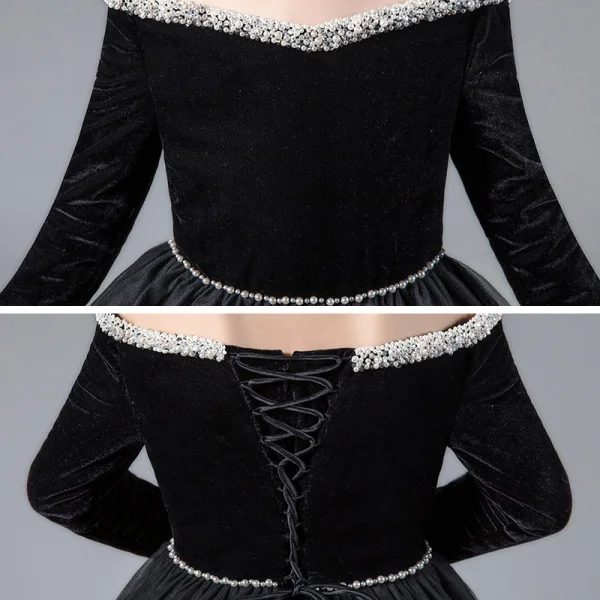 Schöne Schwarz Geburtstag Blumenmädchenkleider 2020 A Linie Off Shoulder Lange Ärmel Rückenfreies Perle Sweep / Pinsel Zug Rüschen