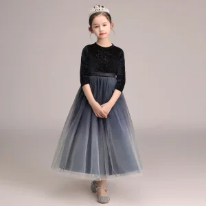 Ciel Étoilé Bleu Marine Dégradé De Couleur Daim Hiver Robe Ceremonie Fille 2020 Princesse Encolure Dégagée 3 4 Manches Ceinture Glitter Tulle Longueur Cheville Volants