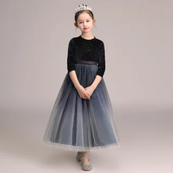 Ciel Étoilé Bleu Marine Dégradé De Couleur Daim Hiver Robe Ceremonie Fille 2020 Princesse Encolure Dégagée 3 4 Manches Ceinture Glitter Tulle Longueur Cheville Volants