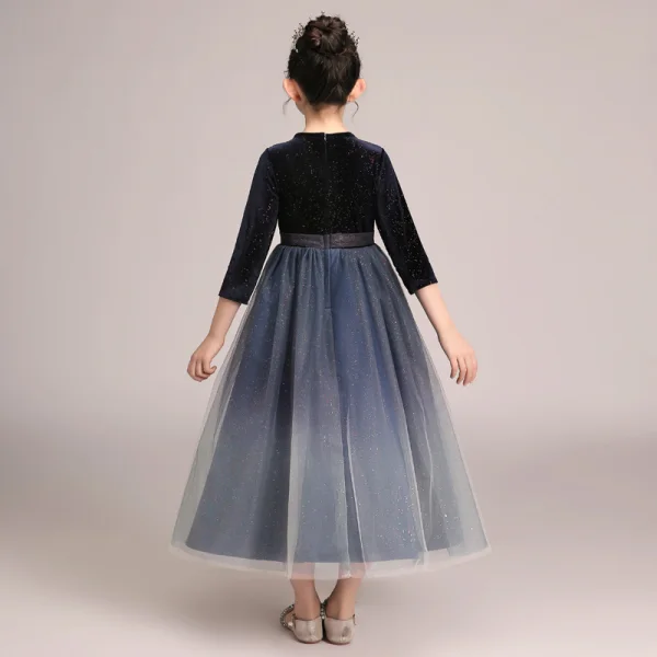 Starry Sky Navy Blue Gradient-Color Suede Winter Flower Girl Dresses 2020 A-Line / Princess Scoop Neck 3/4 Sleeve Sash Glitter Tulle Ankle Length Ruffle