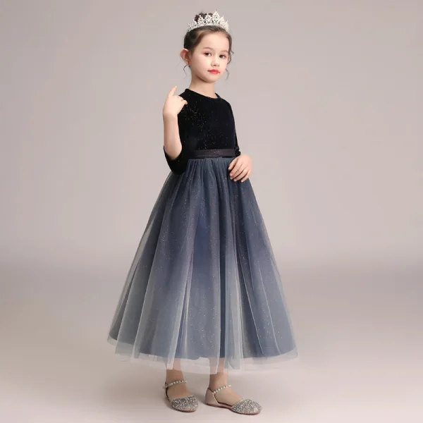 Starry Sky Navy Blue Gradient-Color Suede Winter Flower Girl Dresses 2020 A-Line / Princess Scoop Neck 3/4 Sleeve Sash Glitter Tulle Ankle Length Ruffle