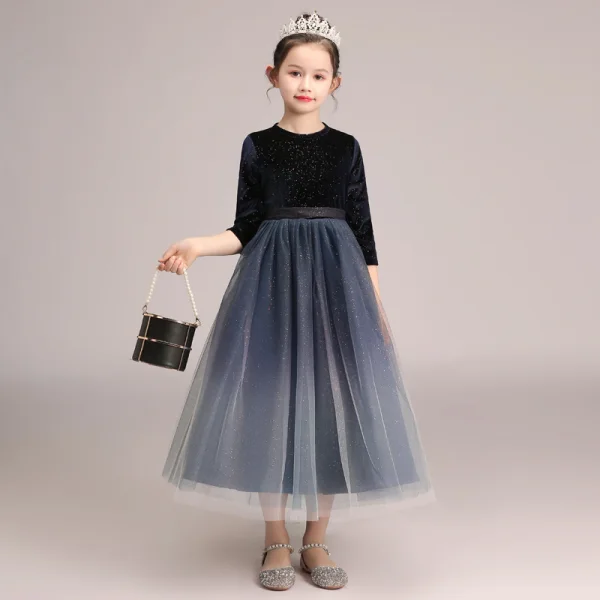 Starry Sky Navy Blue Gradient-Color Suede Winter Flower Girl Dresses 2020 A-Line / Princess Scoop Neck 3/4 Sleeve Sash Glitter Tulle Ankle Length Ruffle
