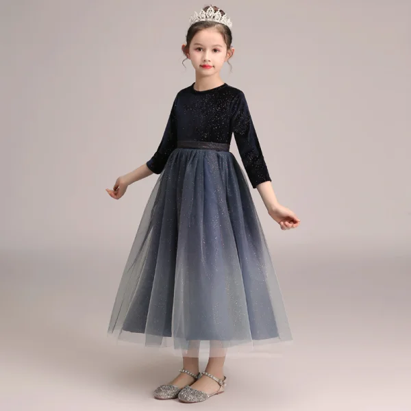 Starry Sky Navy Blue Gradient-Color Suede Winter Flower Girl Dresses 2020 A-Line / Princess Scoop Neck 3/4 Sleeve Sash Glitter Tulle Ankle Length Ruffle