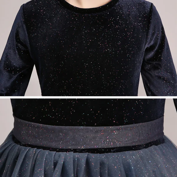 Starry Sky Navy Blue Gradient-Color Suede Winter Flower Girl Dresses 2020 A-Line / Princess Scoop Neck 3/4 Sleeve Sash Glitter Tulle Ankle Length Ruffle