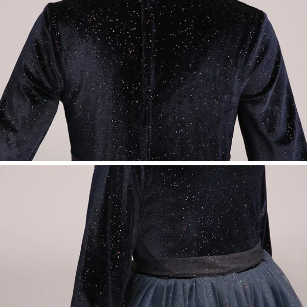 Starry Sky Navy Blue Gradient-Color Suede Winter Flower Girl Dresses 2020 A-Line / Princess Scoop Neck 3/4 Sleeve Sash Glitter Tulle Ankle Length Ruffle