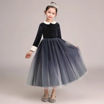 Ciel Étoilé Bleu Marine Dégradé De Couleur Hiver Anniversaire Robe Ceremonie Fille 2020 Princesse Encolure Dégagée Manches Longues Glitter Tulle Thé Longueur Volants