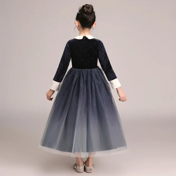 Starry Sky Navy Blue Gradient-Color Winter Birthday Flower Girl Dresses 2020 A-Line / Princess Scoop Neck Long Sleeve Glitter Tulle Tea-length Ruffle