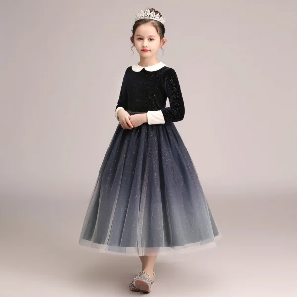 Starry Sky Navy Blue Gradient-Color Winter Birthday Flower Girl Dresses 2020 A-Line / Princess Scoop Neck Long Sleeve Glitter Tulle Tea-length Ruffle