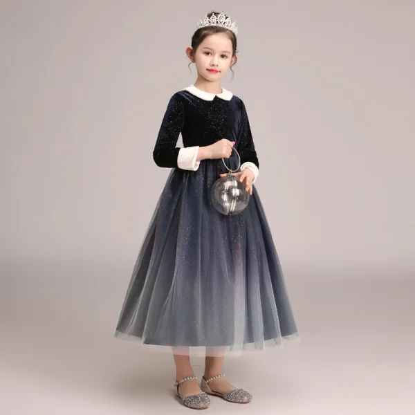 Starry Sky Navy Blue Gradient-Color Winter Birthday Flower Girl Dresses 2020 A-Line / Princess Scoop Neck Long Sleeve Glitter Tulle Tea-length Ruffle