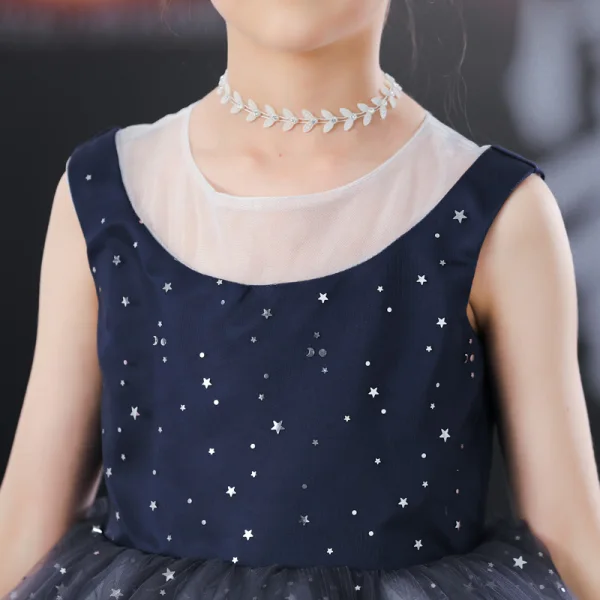 Starry Sky Navy Blue Birthday Flower Girl Dresses 2023 Ball Gown Scoop Neck Sleeveless Star Sequins Short Ruffle