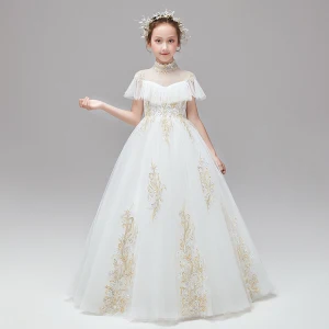 Vintage Retro Ivory Flower Girl Dresses 2020 Ball Gown High Neck Short Sleeve Appliques Lace Sequins Floor Length Long Ruffle