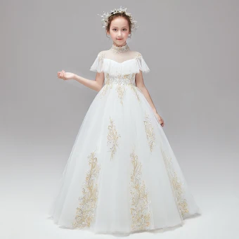Vintage Originale Ivoire Robe Ceremonie Fille 2020 Robe Boule Col Haut Manches Courtes Appliques En Dentelle Paillettes Longue Volants