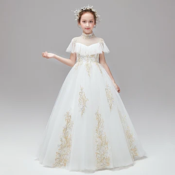 Vintage Retro Ivory Flower Girl Dresses 2020 Ball Gown High Neck Short Sleeve Appliques Lace Sequins Floor Length Long Ruffle