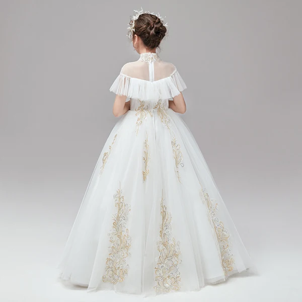 Vintage / Retro Ivory Flower Girl Dresses 2020 Ball Gown High Neck Short Sleeve Appliques Lace Sequins Floor-Length / Long Ruffle