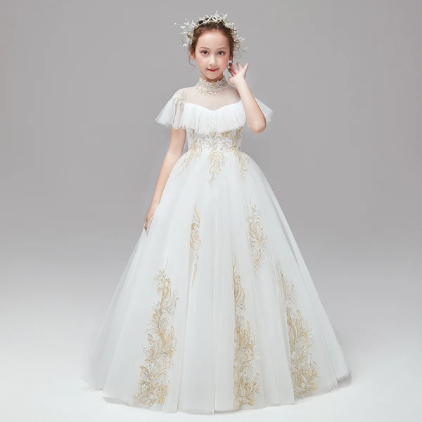 Vintage / Retro Ivory Flower Girl Dresses 2020 Ball Gown High Neck Short Sleeve Appliques Lace Sequins Floor-Length / Long Ruffle