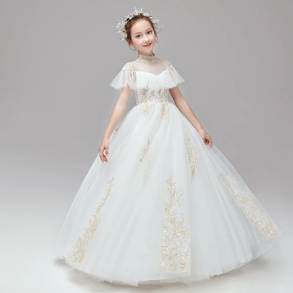 Vintage / Retro Ivory Flower Girl Dresses 2020 Ball Gown High Neck Short Sleeve Appliques Lace Sequins Floor-Length / Long Ruffle