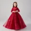 Victorian Style Burgundy See-through Birthday Flower Girl Dresses 2020 Ball Gown High Neck Puffy 3/4 Sleeve Appliques Lace Beading Glitter Tulle Floor-Length / Long Ruffle