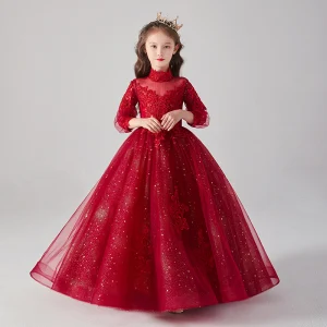 Viktoriansk Stil Burgundy Genomskinliga Födelsedag Brudnäbbsklänning 2020 Balklänning Hög Hals Pösigt 3 4 Ärm Appliqués Spets Beading Glittriga Glitter Tyll Långa Ruffle