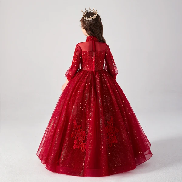 Victorian Style Burgundy See-through Birthday Flower Girl Dresses 2020 Ball Gown High Neck Puffy 3/4 Sleeve Appliques Lace Beading Glitter Tulle Floor-Length / Long Ruffle