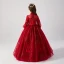Victorian Style Burgundy See-through Birthday Flower Girl Dresses 2020 Ball Gown High Neck Puffy 3/4 Sleeve Appliques Lace Beading Glitter Tulle Floor-Length / Long Ruffle