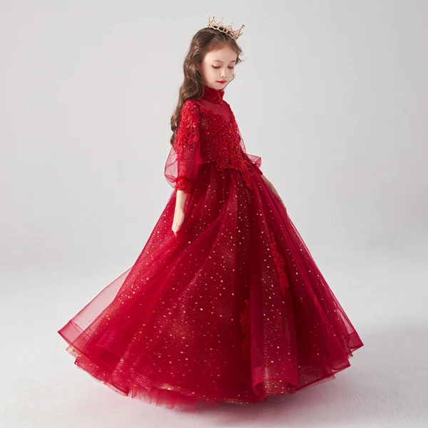 Victorian Style Burgundy See-through Birthday Flower Girl Dresses 2020 Ball Gown High Neck Puffy 3/4 Sleeve Appliques Lace Beading Glitter Tulle Floor-Length / Long Ruffle
