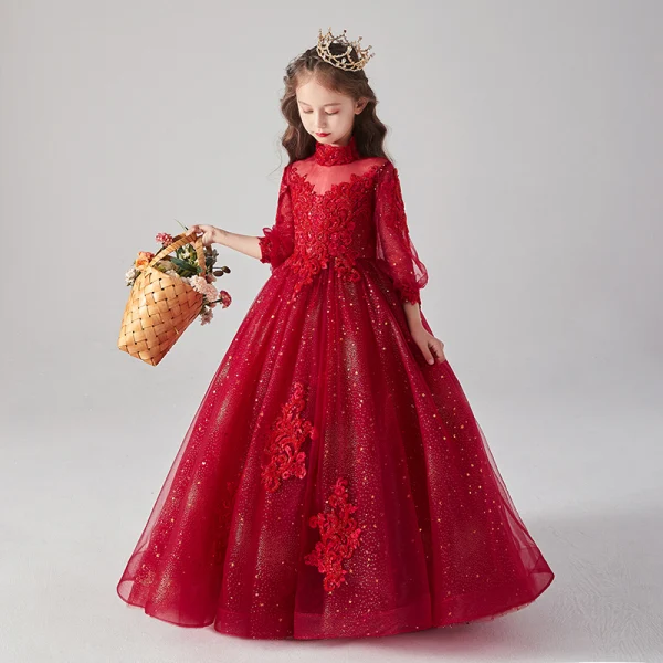 Victorian Style Burgundy See-through Birthday Flower Girl Dresses 2020 Ball Gown High Neck Puffy 3/4 Sleeve Appliques Lace Beading Glitter Tulle Floor-Length / Long Ruffle
