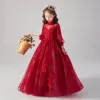 Victorian Style Burgundy See-through Birthday Flower Girl Dresses 2020 Ball Gown High Neck Puffy 3/4 Sleeve Appliques Lace Beading Glitter Tulle Floor-Length / Long Ruffle