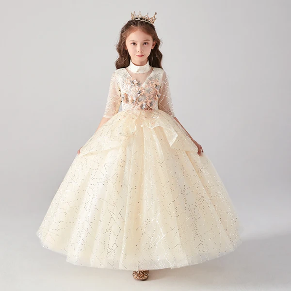 Vintage / Retro Champagne Birthday Flower Girl Dresses 2020 Ball Gown High Neck 3/4 Sleeve Appliques Flower Rhinestone Sequins Floor-Length / Long Ruffle