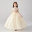 Vintage / Retro Champagne Birthday Flower Girl Dresses 2020 Ball Gown High Neck 3/4 Sleeve Appliques Flower Rhinestone Sequins Floor-Length / Long Ruffle
