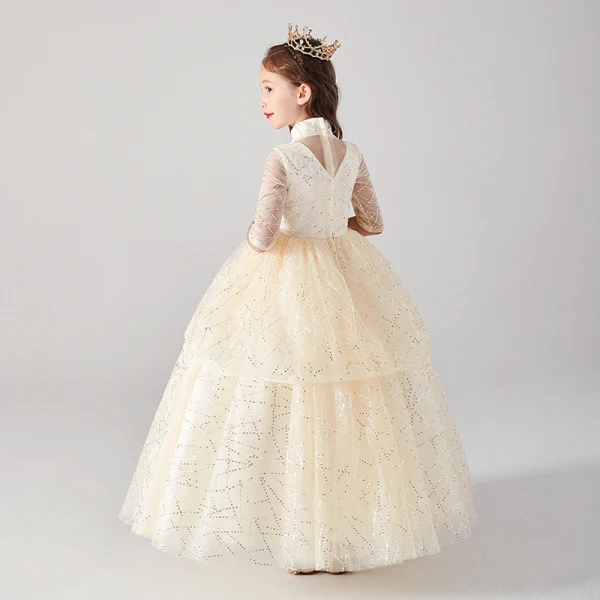 Vintage / Retro Champagne Birthday Flower Girl Dresses 2020 Ball Gown High Neck 3/4 Sleeve Appliques Flower Rhinestone Sequins Floor-Length / Long Ruffle