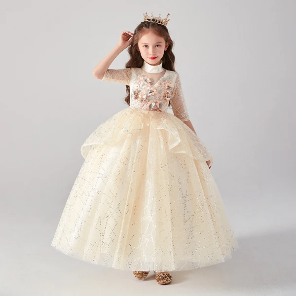 Vintage / Retro Champagne Birthday Flower Girl Dresses 2020 Ball Gown High Neck 3/4 Sleeve Appliques Flower Rhinestone Sequins Floor-Length / Long Ruffle