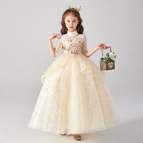 Vintage / Retro Champagne Birthday Flower Girl Dresses 2020 Ball Gown High Neck 3/4 Sleeve Appliques Flower Rhinestone Sequins Floor-Length / Long Ruffle
