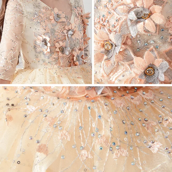 Vintage / Retro Champagne Birthday Flower Girl Dresses 2020 Ball Gown High Neck 3/4 Sleeve Appliques Flower Rhinestone Sequins Floor-Length / Long Ruffle