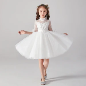 Chic Beautiful White See Through Flower Girl Dresses 2020 Ball Gown High Neck 1 2 Sleeves Appliques Lace Beading Pearl Sash Short Ruffle Tulle