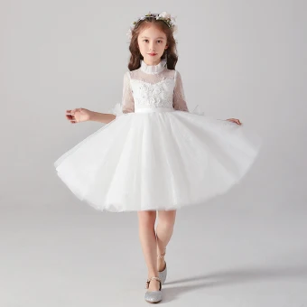 Chic Beautiful White See Through Flower Girl Dresses 2020 Ball Gown High Neck 1 2 Sleeves Appliques Lace Beading Pearl Sash Short Ruffle Tulle