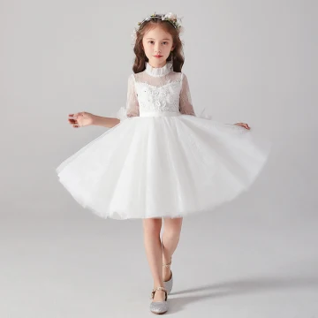 Chic Belle Blanche Transparentes Robe Ceremonie Fille 2020 Robe Boule Col Haut 1 2 Manches Appliques En Dentelle Perlage Perle Ceinture Courte Volants Tulle