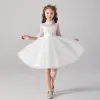 Chic / Beautiful White See-through Flower Girl Dresses 2020 Ball Gown High Neck 1/2 Sleeves Appliques Lace Beading Pearl Sash Short Ruffle Tulle