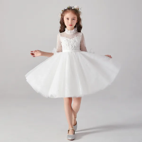 Piękne Białe Przezroczyste Sukienki Dla Dziewczynek 2020 Suknia Balowa Wysokiej Szyi 1/2 Rękawy Aplikacje Z Koronki Frezowanie Perła Szarfa Krótkie Wzburzyć Tiulowe