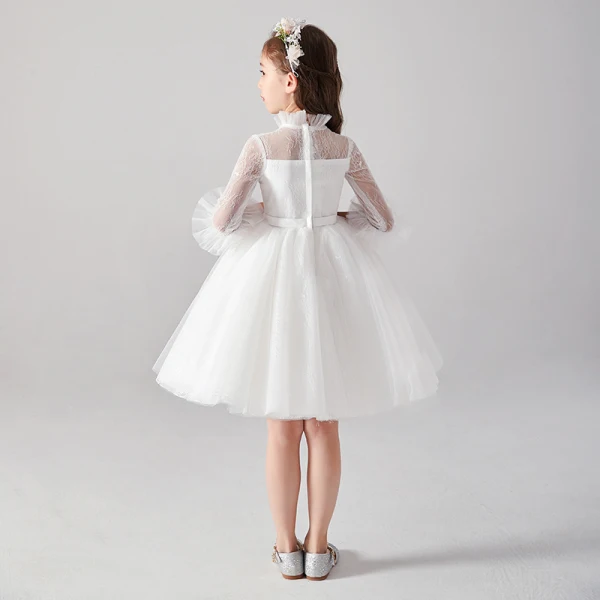 Chic / Beautiful White See-through Flower Girl Dresses 2020 Ball Gown High Neck 1/2 Sleeves Appliques Lace Beading Pearl Sash Short Ruffle Tulle