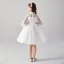 Chic / Beautiful White See-through Flower Girl Dresses 2020 Ball Gown High Neck 1/2 Sleeves Appliques Lace Beading Pearl Sash Short Ruffle Tulle