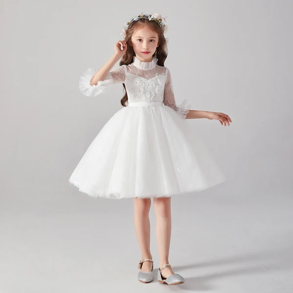 Chic / Beautiful White See-through Flower Girl Dresses 2020 Ball Gown High Neck 1/2 Sleeves Appliques Lace Beading Pearl Sash Short Ruffle Tulle