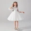 Chic / Beautiful White See-through Flower Girl Dresses 2020 Ball Gown High Neck 1/2 Sleeves Appliques Lace Beading Pearl Sash Short Ruffle Tulle