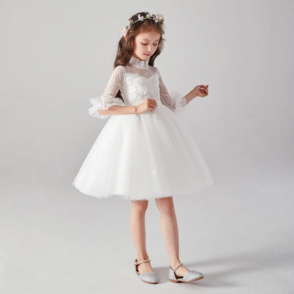 Chic / Beautiful White See-through Flower Girl Dresses 2020 Ball Gown High Neck 1/2 Sleeves Appliques Lace Beading Pearl Sash Short Ruffle Tulle