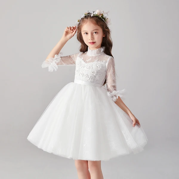 Chic / Beautiful White See-through Flower Girl Dresses 2020 Ball Gown High Neck 1/2 Sleeves Appliques Lace Beading Pearl Sash Short Ruffle Tulle