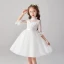 Chic / Beautiful White See-through Flower Girl Dresses 2020 Ball Gown High Neck 1/2 Sleeves Appliques Lace Beading Pearl Sash Short Ruffle Tulle