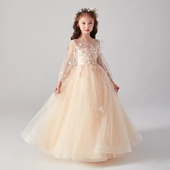 Victorian Style Champagne See Through Birthday Flower Girl Dresses 2020 Ball Gown Scoop Neck Puffy Long Sleeve Appliques Lace Star Sequins Floor Length Long Ruffle